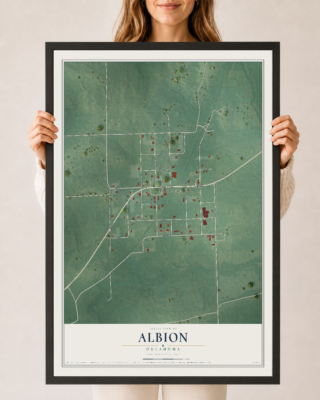 Map of Albion, Oklahoma, 24 x 36 inch print in a black wood frame