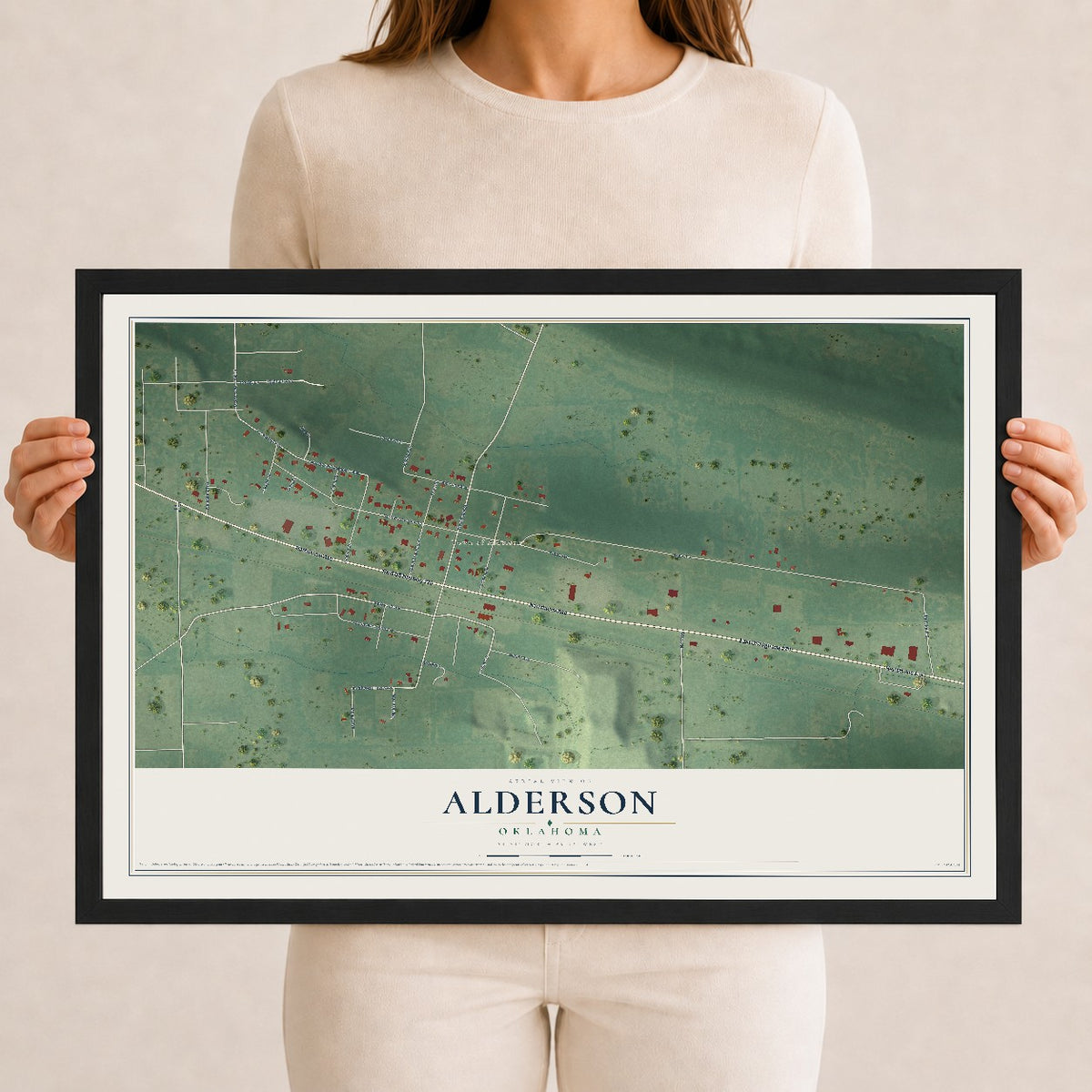Map of Alderson, Oklahoma, 12 x 18 inch print in a black wood frame