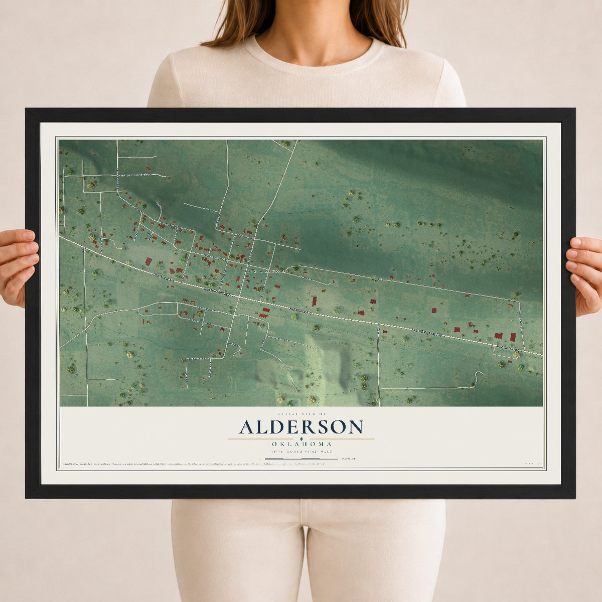 Map of Alderson, Oklahoma, 18 x 24 inch print in a black wood frame