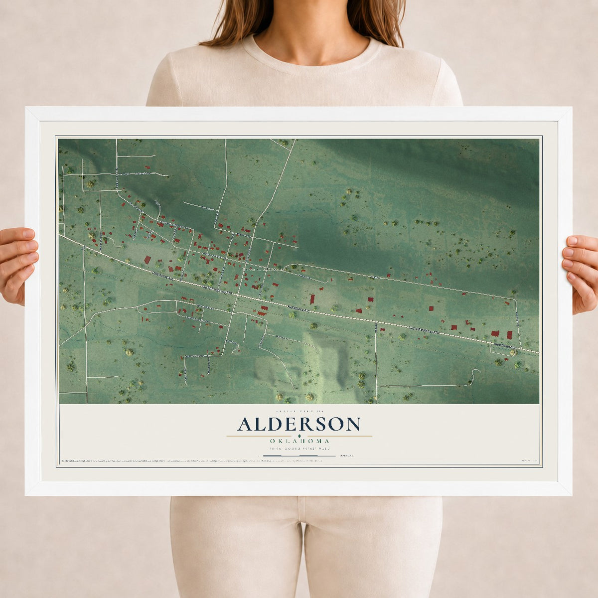 Map of Alderson, Oklahoma, 18 x 24 inch print in a white wood frame