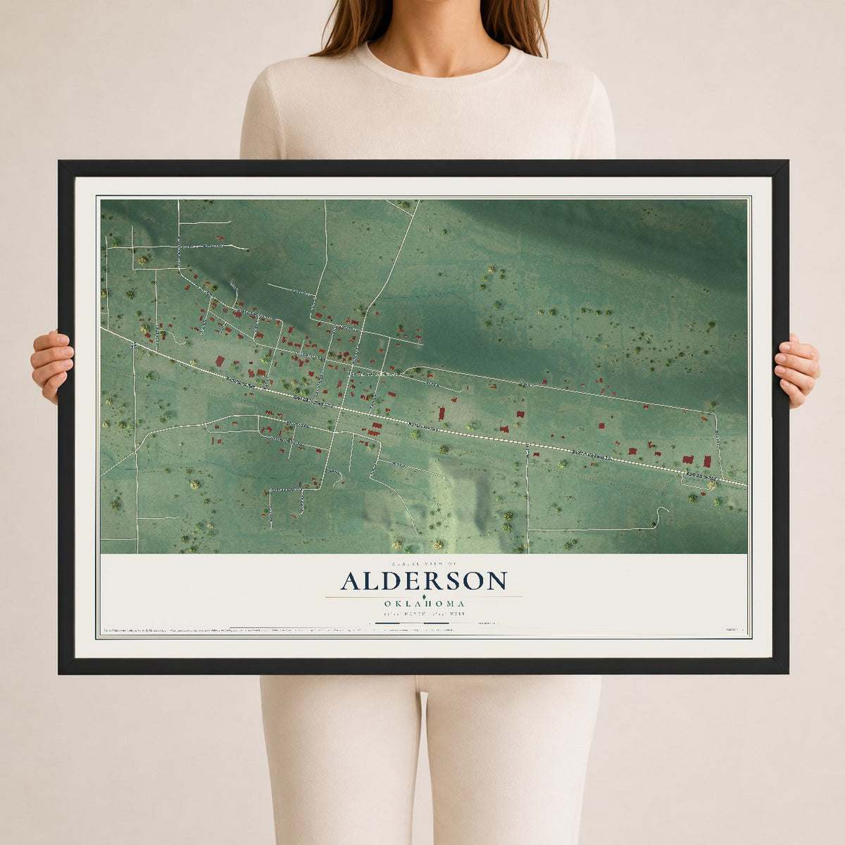 Map of Alderson, Oklahoma, 24 x 36 inch print in a black wood frame