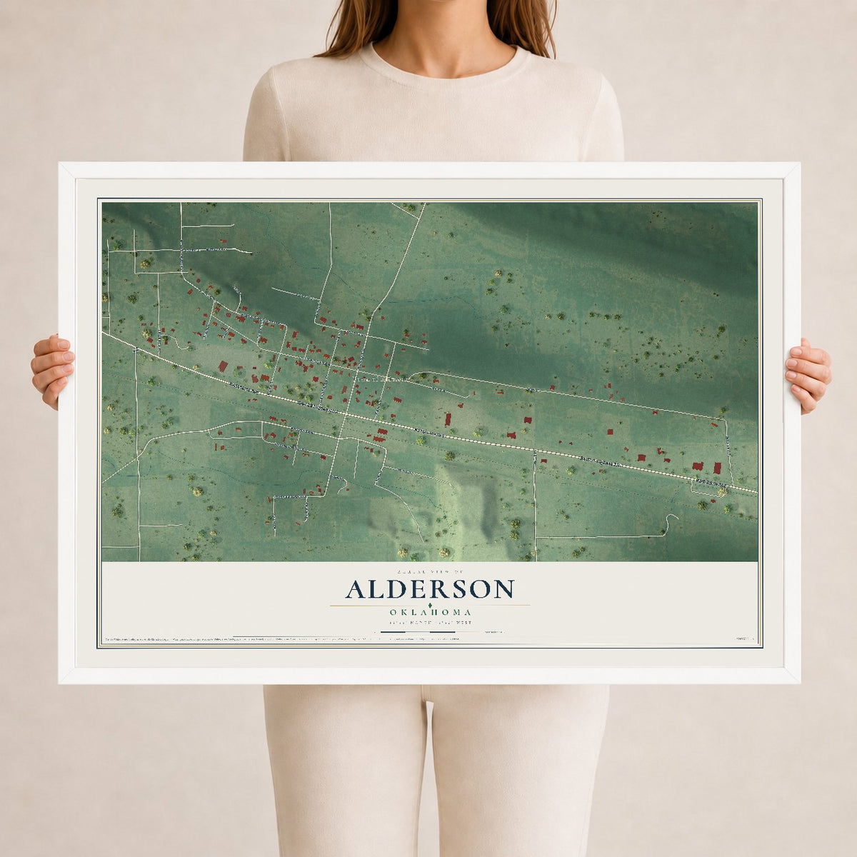 Map of Alderson, Oklahoma, 24 x 36 inch print in a white wood frame