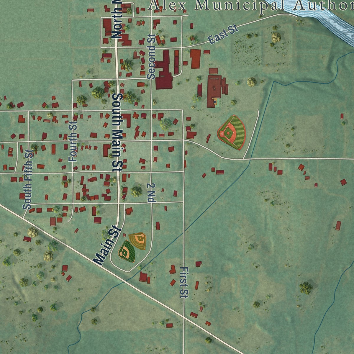 Close-up of the map of Alex, Oklahoma print showing street and building detail