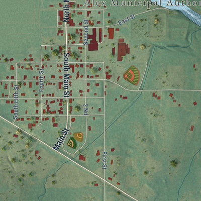 Close-up of the map of Alex, Oklahoma print showing street and building detail