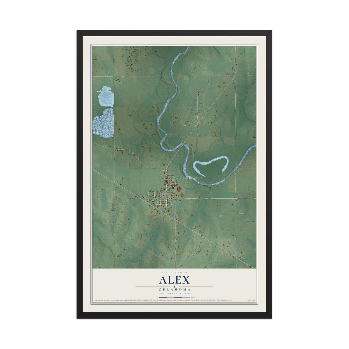 Map of Alex, Oklahoma, 12 x 18 inch print in a black wood frame