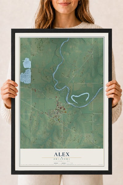 Map of Alex, Oklahoma, 18 x 24 inch print in a black wood frame