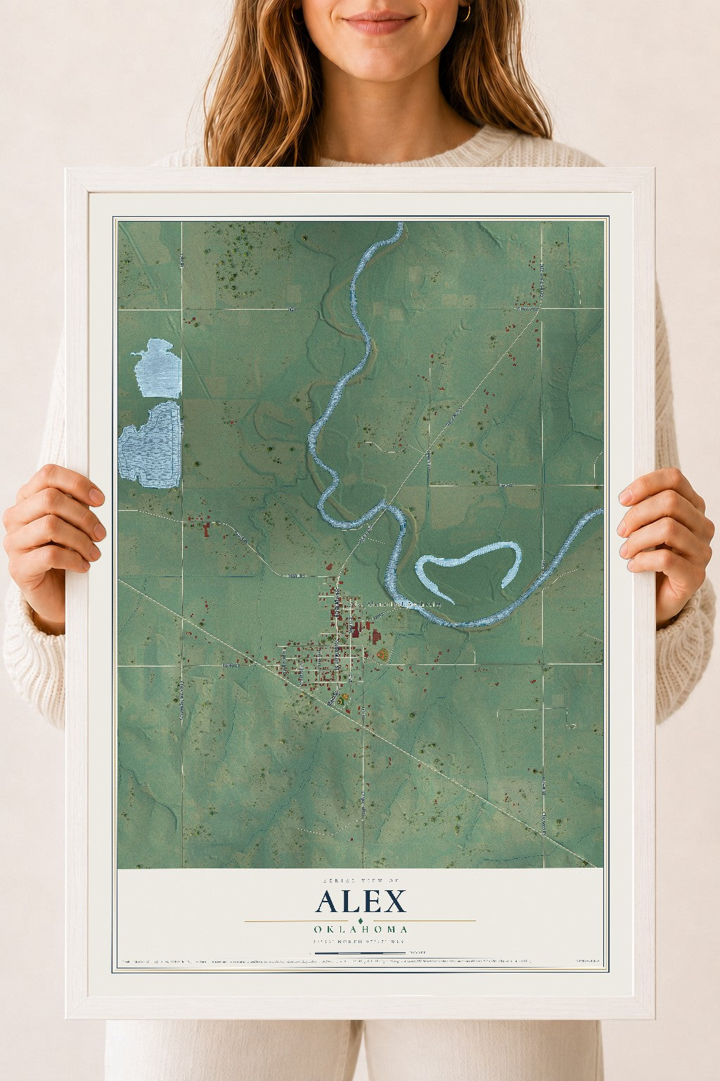 Map of Alex, Oklahoma, 18 x 24 inch print in a white wood frame