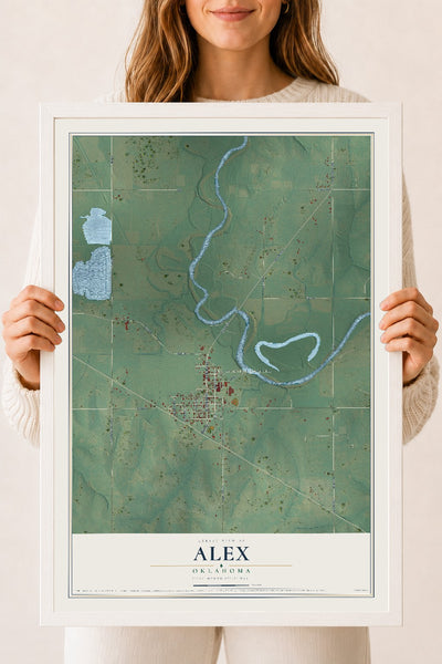 Map of Alex, Oklahoma, 18 x 24 inch print in a white wood frame