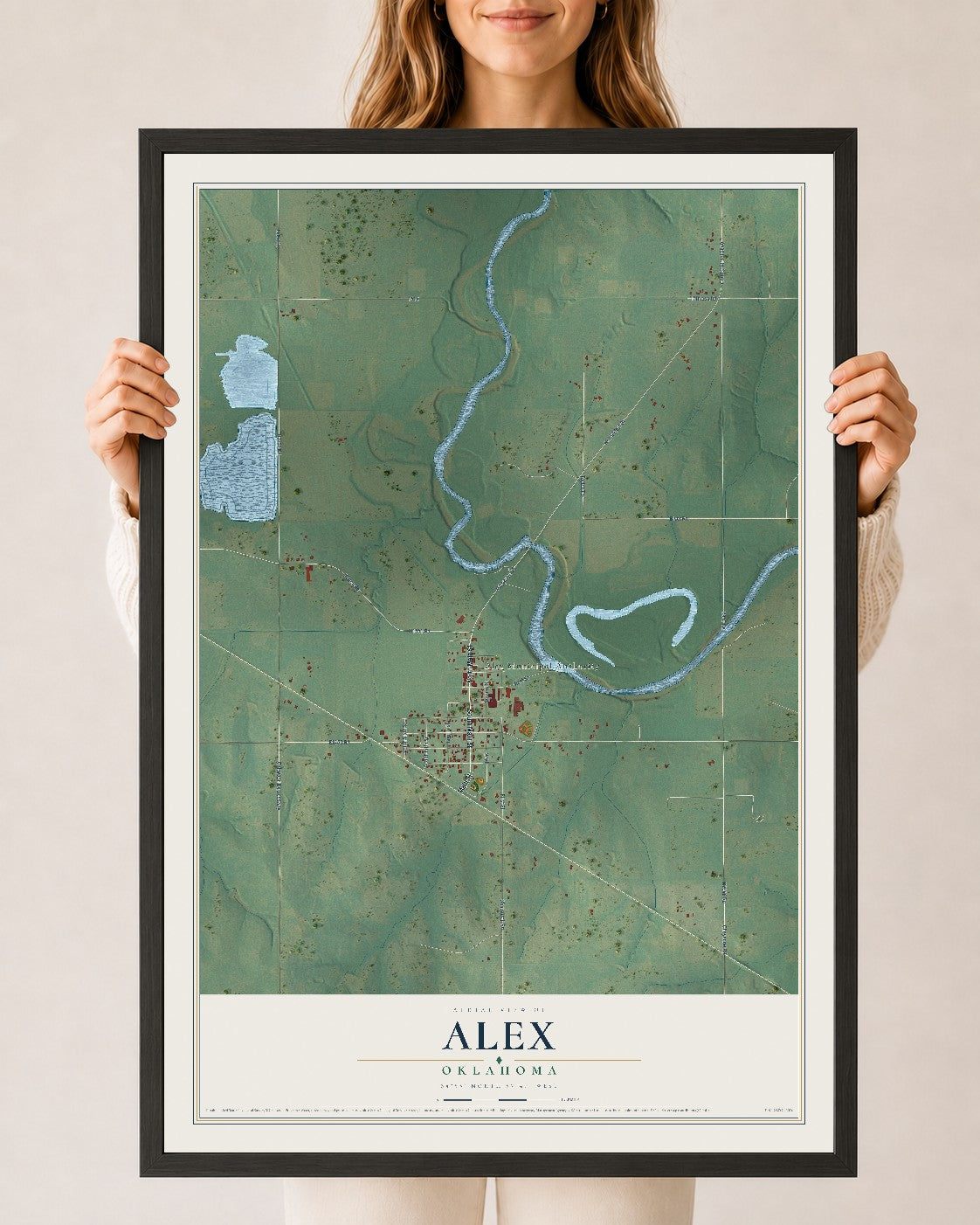 Map of Alex, Oklahoma, 24 x 36 inch print in a black wood frame