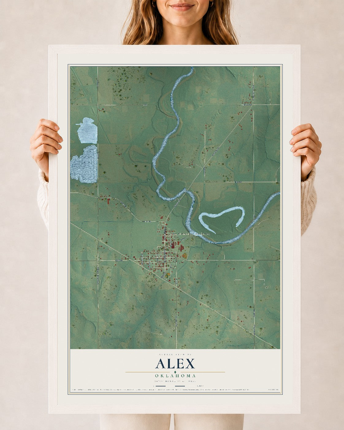 Map of Alex, Oklahoma, 24 x 36 inch print in a white wood frame