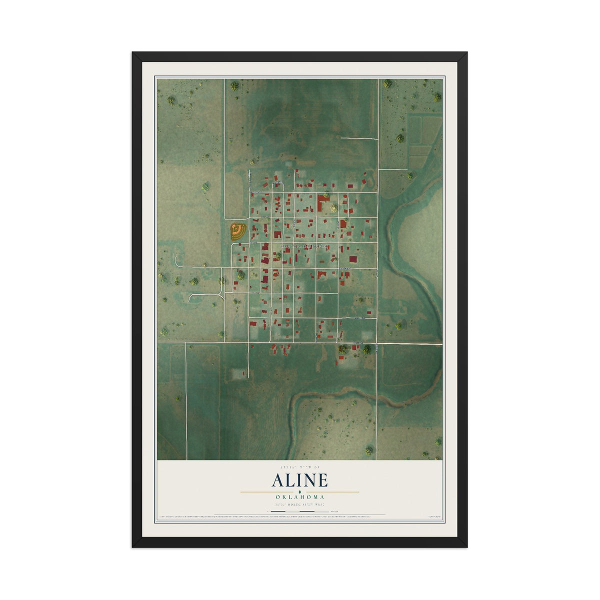 Map of Aline, Oklahoma, 12 x 18 inch print in a black wood frame