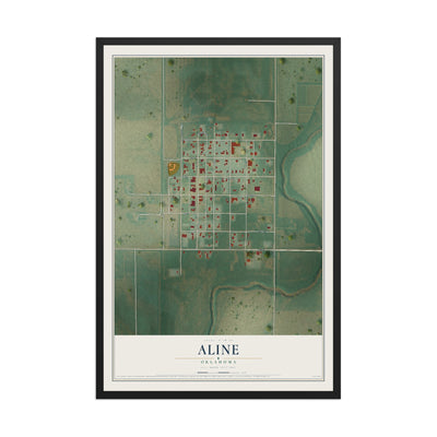 Map of Aline, Oklahoma, 12 x 18 inch print in a black wood frame