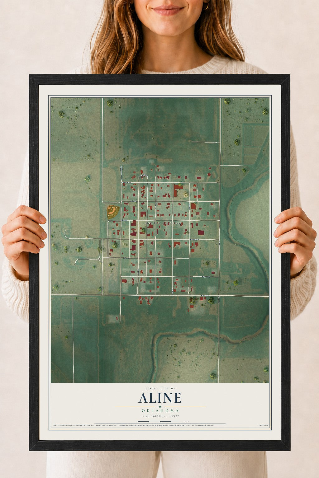 Map of Aline, Oklahoma, 18 x 24 inch print in a black wood frame