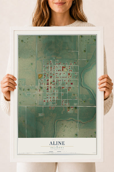 Map of Aline, Oklahoma, 18 x 24 inch print in a white wood frame