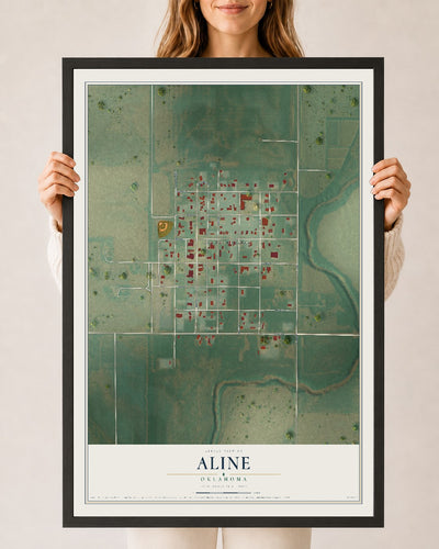 Map of Aline, Oklahoma, 24 x 36 inch print in a black wood frame