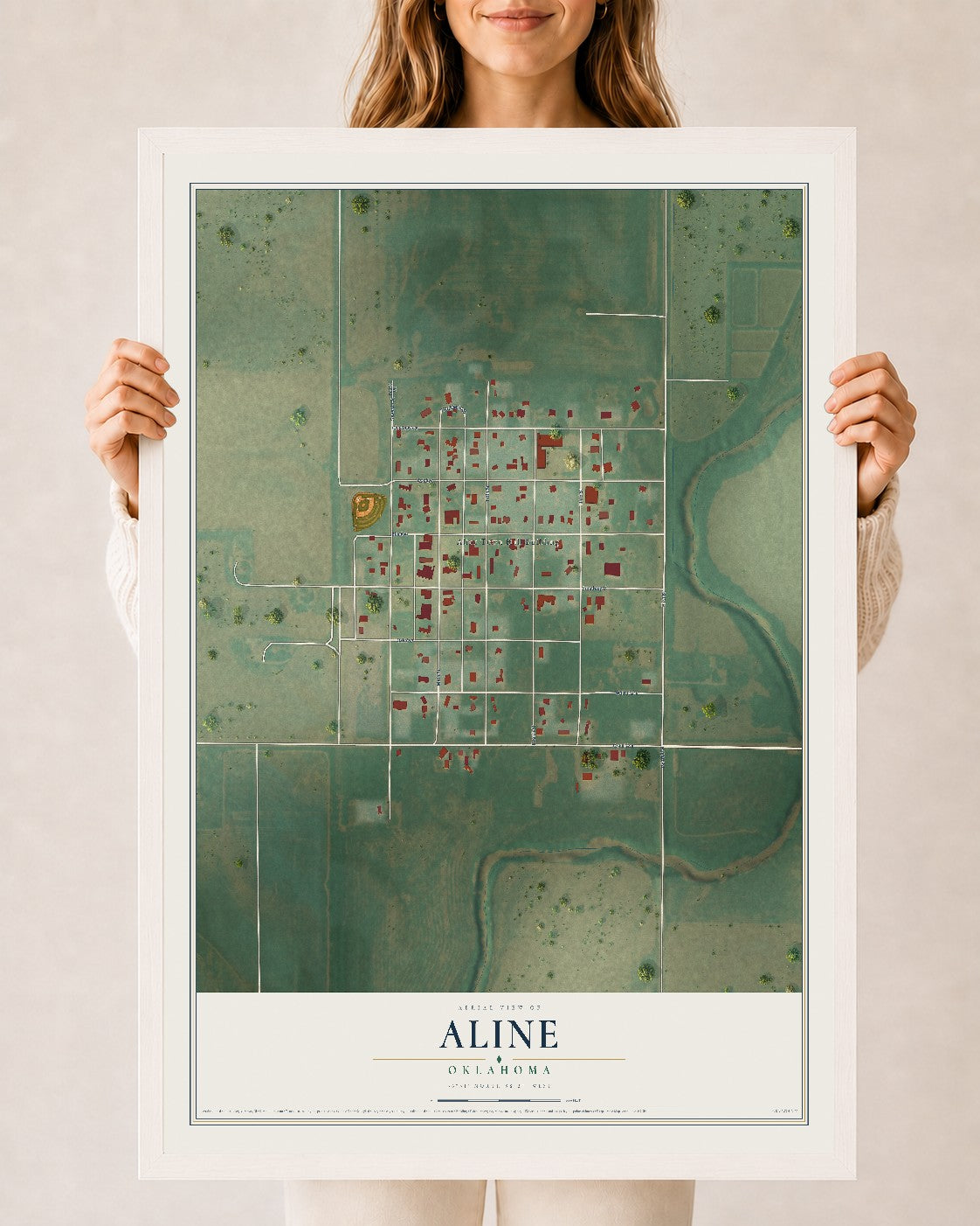 Map of Aline, Oklahoma, 24 x 36 inch print in a white wood frame