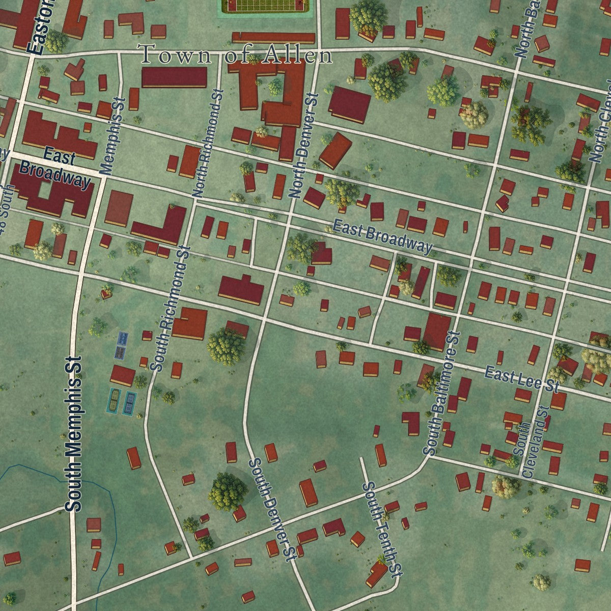 Close-up of the map of Allen, Oklahoma print showing street and building detail