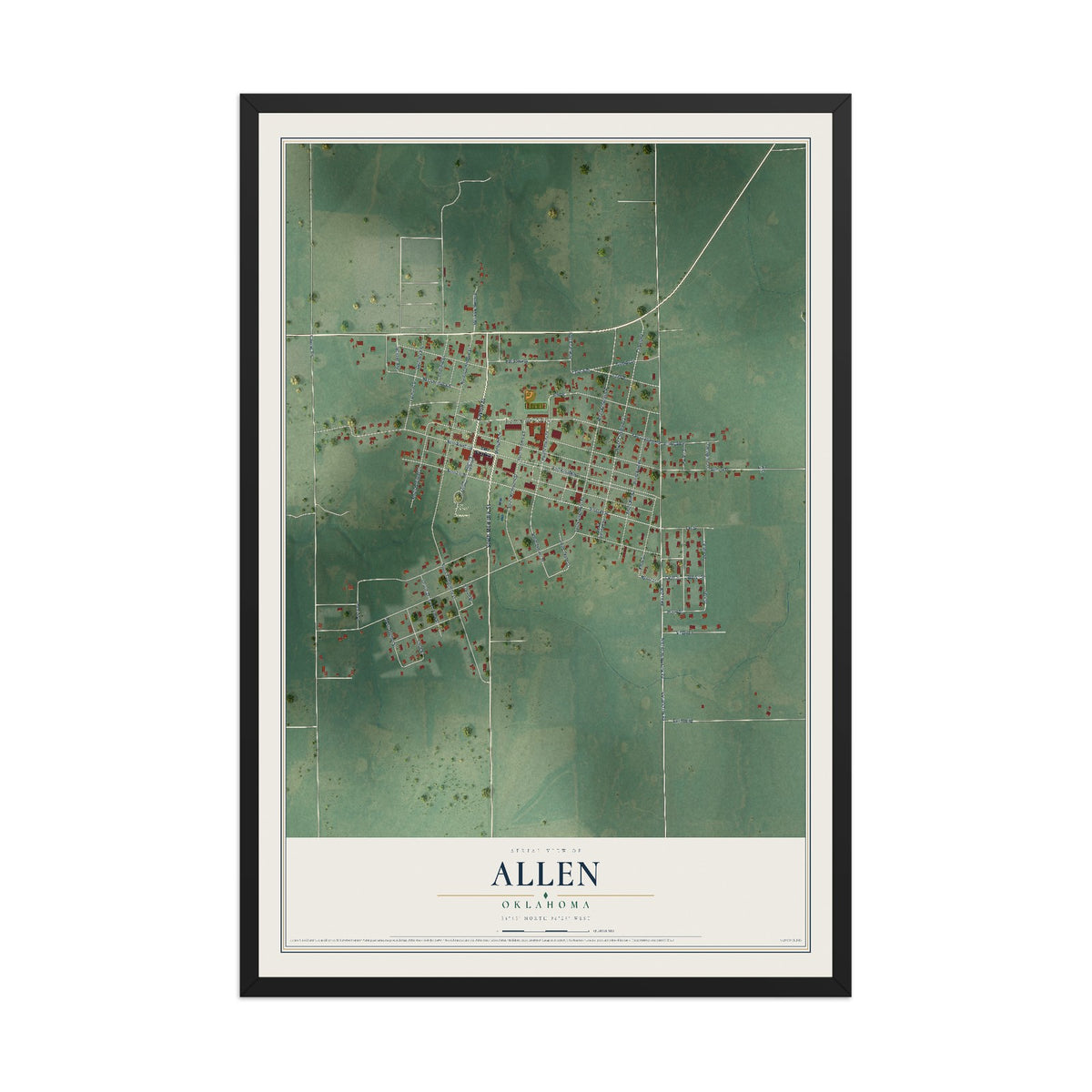 Map of Allen, Oklahoma, 12 x 18 inch print in a black wood frame