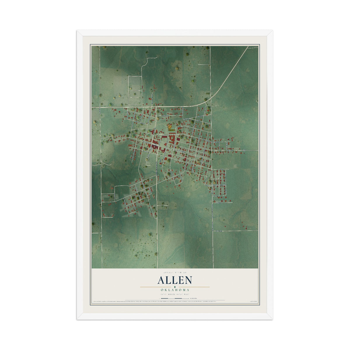 Map of Allen, Oklahoma, 12 x 18 inch print in a white wood frame