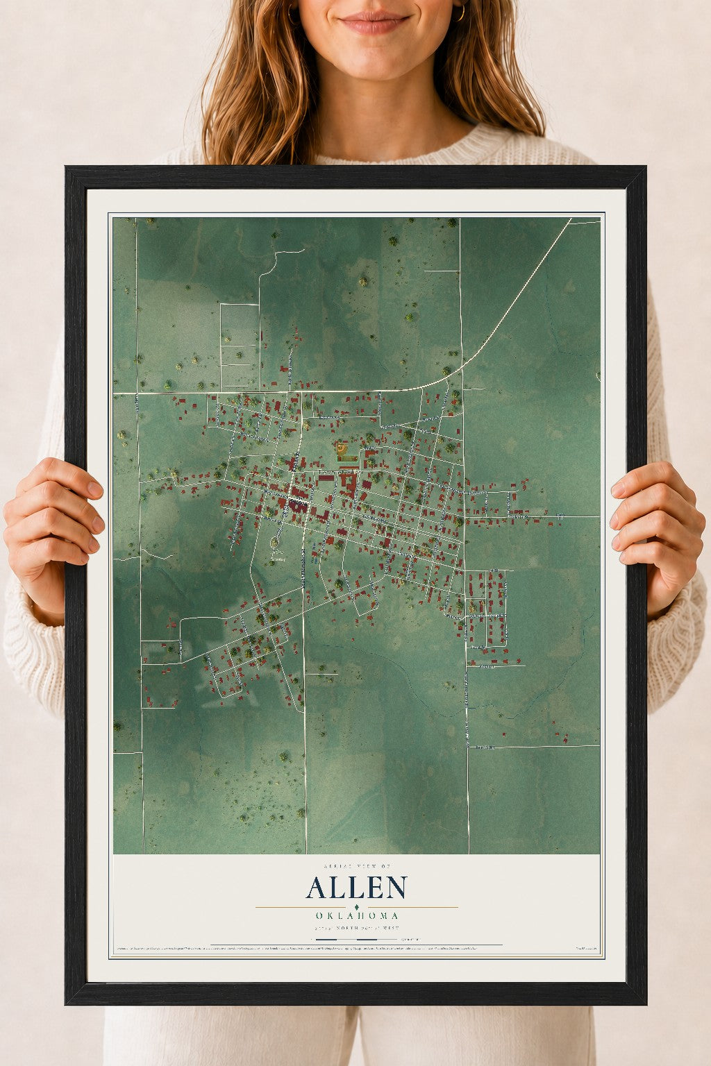 Map of Allen, Oklahoma, 18 x 24 inch print in a black wood frame