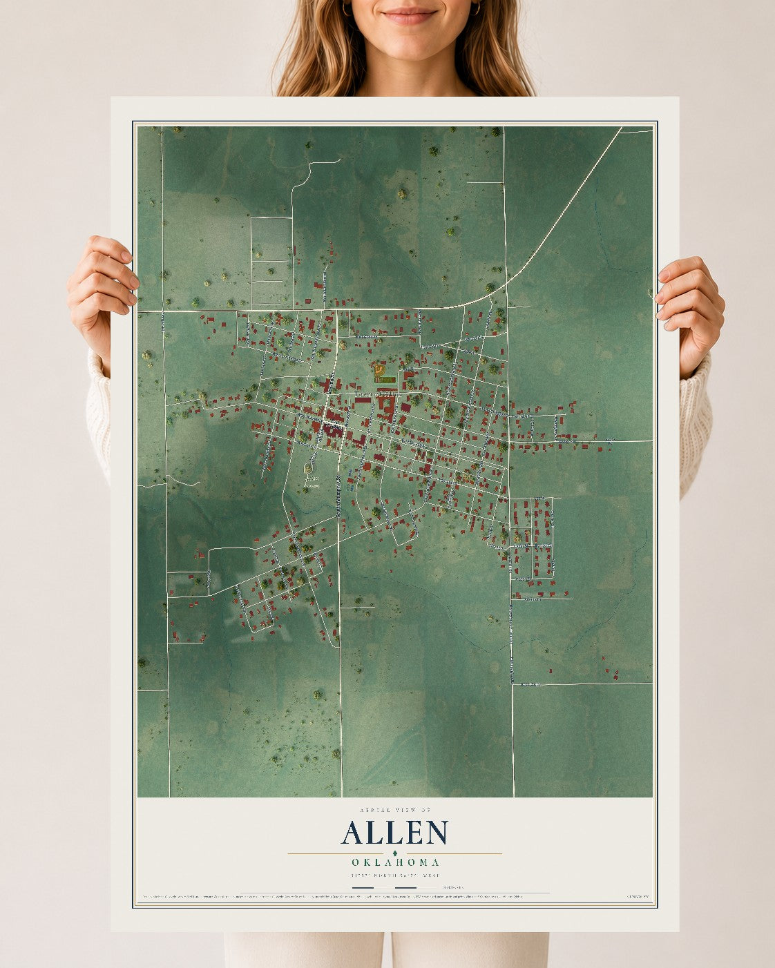 Map of Allen, Oklahoma, 24 x 36 inch unframed archival matte print