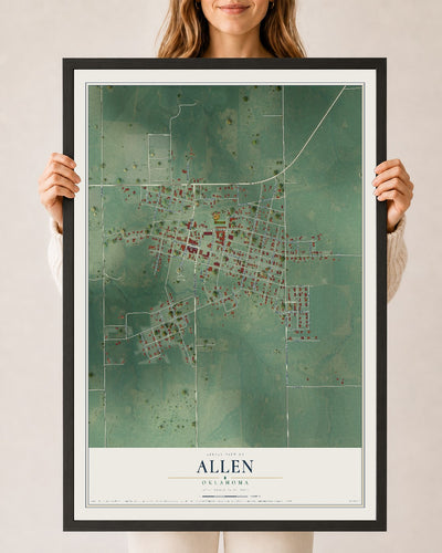Map of Allen, Oklahoma, 24 x 36 inch print in a black wood frame