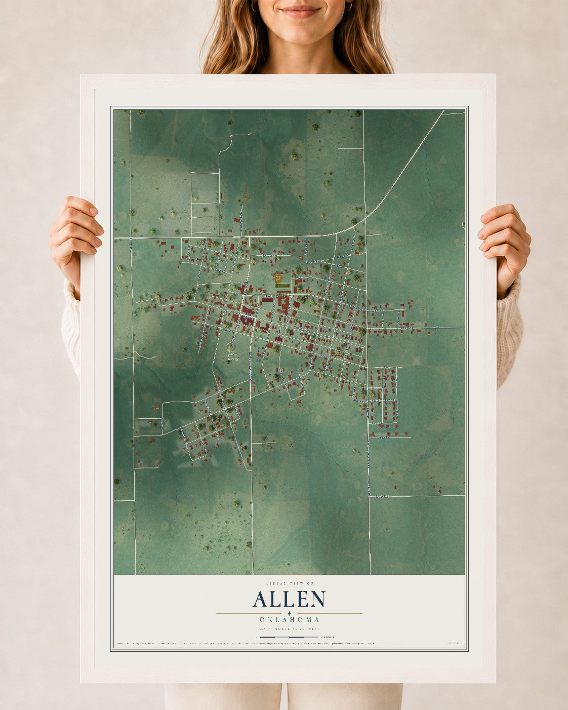 Map of Allen, Oklahoma, 24 x 36 inch print in a white wood frame