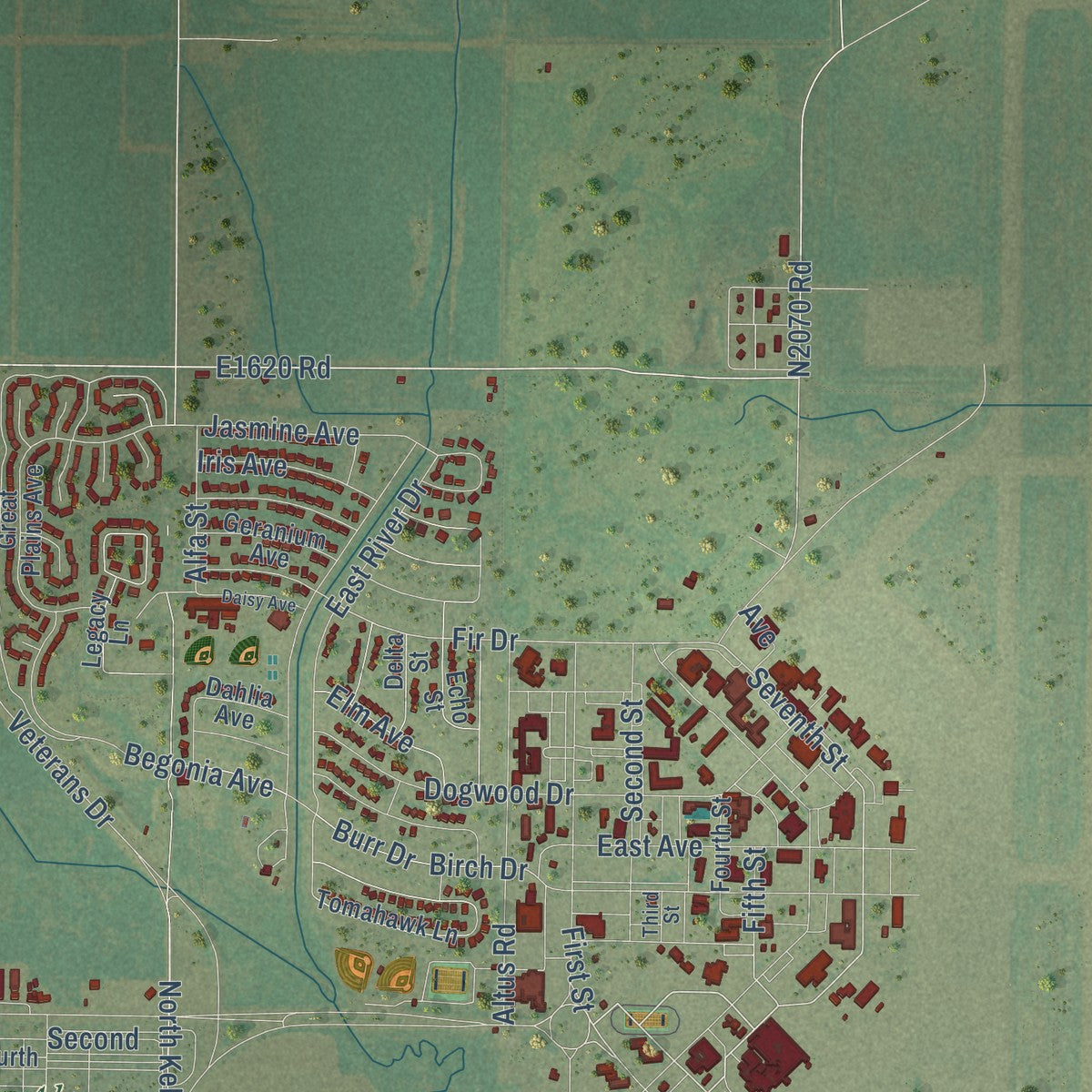 Second close-up of the map of Altus, Oklahoma print showing more streets and buildings