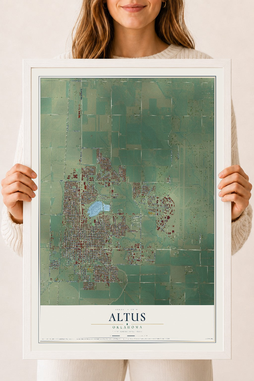Map of Altus, Oklahoma, 18 x 24 inch print in a white wood frame