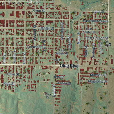 Close-up of the map of Alva, Oklahoma print showing street and building detail
