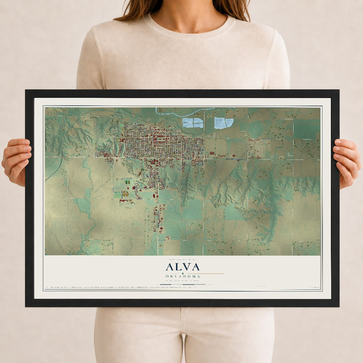 Map of Alva, Oklahoma, 12 x 18 inch print in a black wood frame
