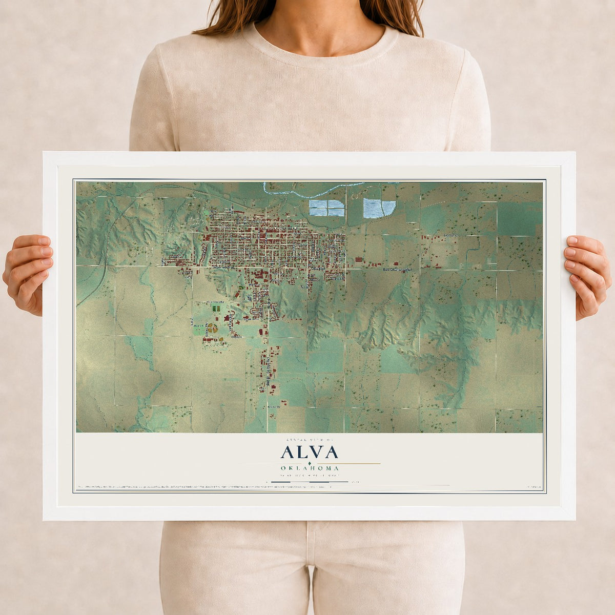 Map of Alva, Oklahoma, 12 x 18 inch print in a white wood frame