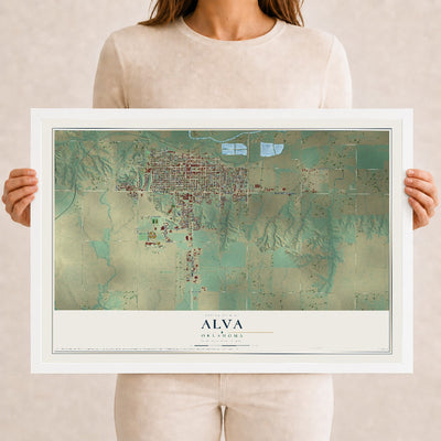 Map of Alva, Oklahoma, 12 x 18 inch print in a white wood frame