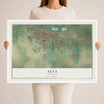 Map of Alva, Oklahoma, 24 x 36 inch print in a white wood frame
