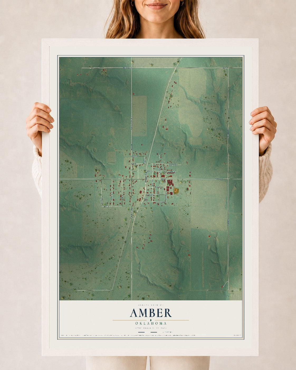 Map of Amber, Oklahoma, 24 x 36 inch print in a white wood frame