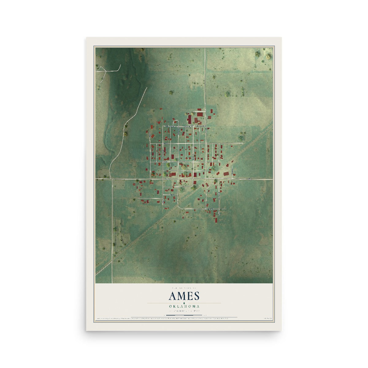 Map of Ames, Oklahoma, 12 x 18 inch unframed archival matte print