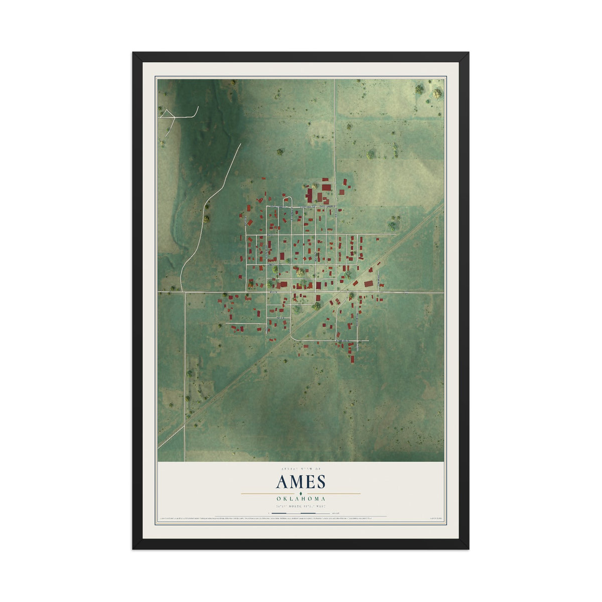 Map of Ames, Oklahoma, 12 x 18 inch print in a black wood frame