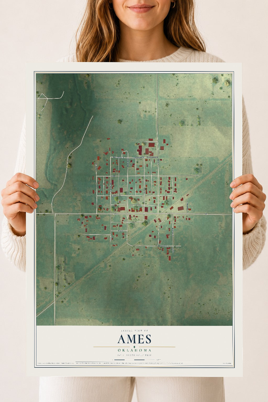 Map of Ames, Oklahoma, 18 x 24 inch unframed archival matte print