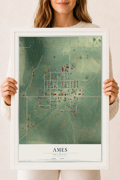 Map of Ames, Oklahoma, 18 x 24 inch print in a white wood frame