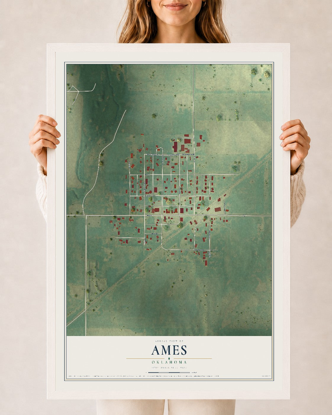 Map of Ames, Oklahoma, 24 x 36 inch print in a white wood frame