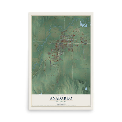 Map of Anadarko, Oklahoma, 12 x 18 inch unframed archival matte print