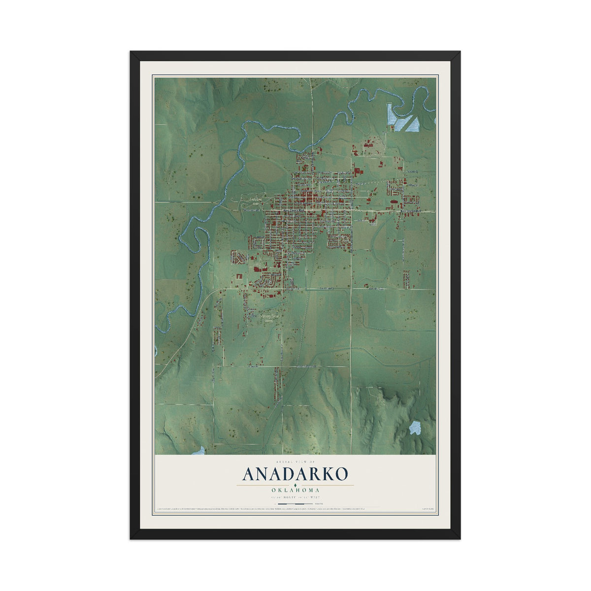 Map of Anadarko, Oklahoma, 12 x 18 inch print in a black wood frame
