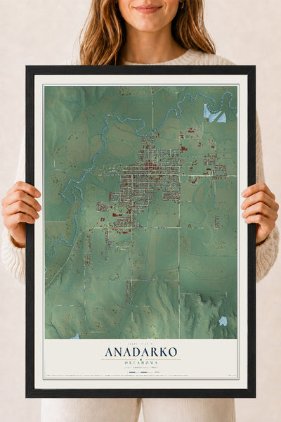 Map of Anadarko, Oklahoma, 18 x 24 inch print in a black wood frame
