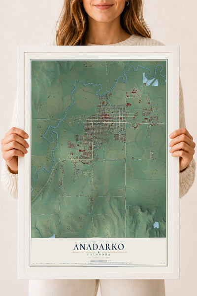 Map of Anadarko, Oklahoma, 18 x 24 inch print in a white wood frame