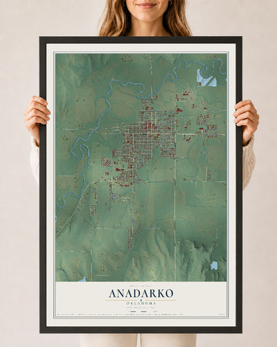 Map of Anadarko, Oklahoma, 24 x 36 inch print in a black wood frame