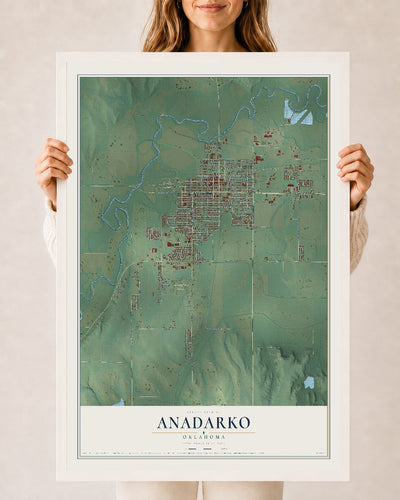 Map of Anadarko, Oklahoma, 24 x 36 inch print in a white wood frame