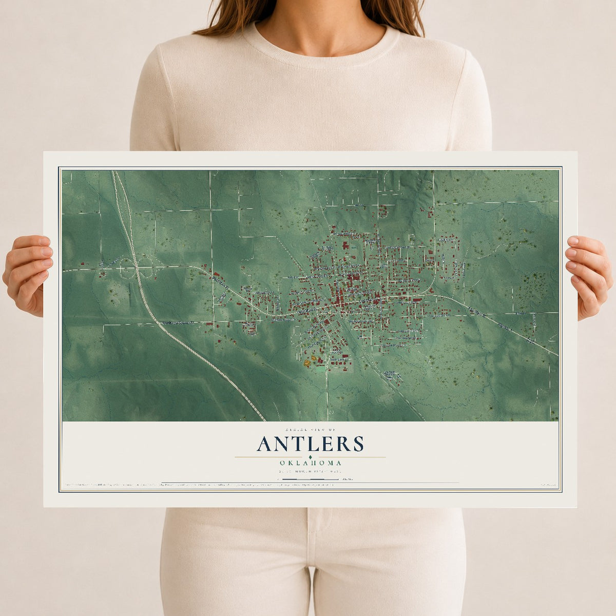 Map of Antlers, Oklahoma, 12 x 18 inch unframed archival matte print