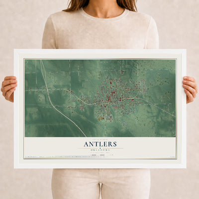 Map of Antlers, Oklahoma, 12 x 18 inch print in a white wood frame