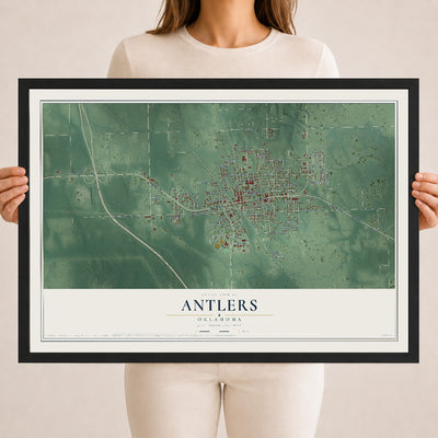 Map of Antlers, Oklahoma, 18 x 24 inch print in a black wood frame