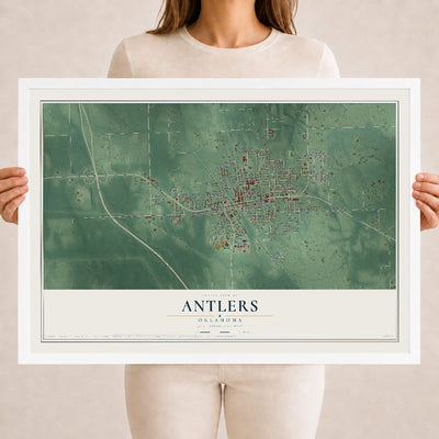 Map of Antlers, Oklahoma, 18 x 24 inch print in a white wood frame